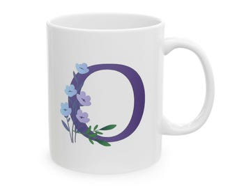 Keramisk mugg med initialer och blomma, personlig kaffekopp, present till henne, bokstaven O
