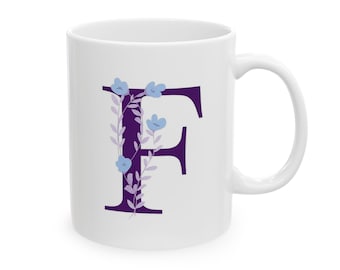 Keramisk mugg med initialer och blomma, personlig kaffekopp, present till henne, bokstaven F