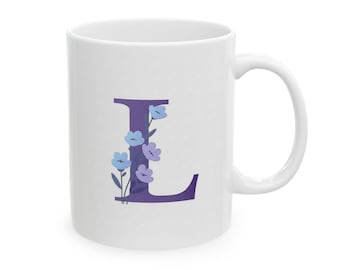 Keramisk mugg med initialer och blomma, personlig kaffekopp, present till henne, bokstaven L