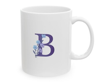 Keramisk mugg med initialer och blomma, personlig kaffekopp, present till henne, bokstaven B