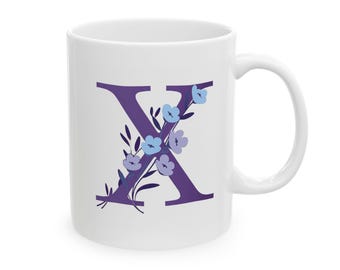 Keramisk mugg med initialer och blomma, personlig kaffekopp, present till henne, bokstaven X