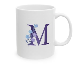 Taza de cerámica con inicial y flor, taza de café personalizada, regalo para ella, letra M