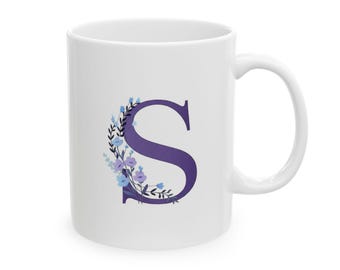Keramisk mugg med initialer och blomma, personlig kaffekopp, present till henne, bokstaven S