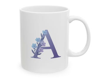 Keramisk mugg med initialer och blomma, personlig kaffekopp, present till henne, bokstaven B