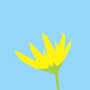 May include: A stylized yellow flower with sharp, angular petals against a light blue background. The flower has a green stem and a geometric design. The image has a minimalist, graphic style.