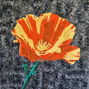 May include: A large, colorful quilt featuring a stylized orange and yellow flower with a green stem. The flower is the focal point, set against a dark, textured background. The quilt is likely handmade.