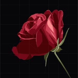 Puede incluir: Ilustración digital de una rosa roja en plena floración. La flor está representada con formas geométricas y sombreado, sobre un fondo de cuadrícula negra. El tallo y las hojas son verdes.