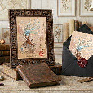 May include: A framed artwork with a detailed wooden frame, depicting a stylized tree with blue and white elements. A black envelope with a wax seal and a matching print is next to the frame. Other items include a quill, inkwell, and antique books.