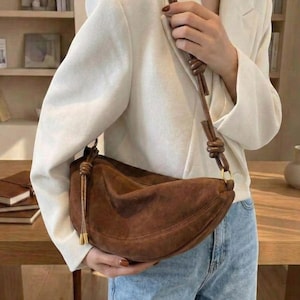 Chocolate Brown Suede Crescent Shoulder Bag, Women’s Crossbody Purse, Half Moon Handbag, Minimalist Everyday Bag, Chic Versatile Fashion