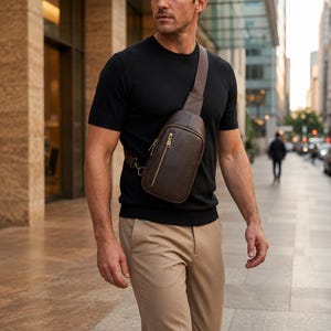 May include: A dark brown leather sling bag with a single adjustable shoulder strap, a vertical zipped front pocket, and gold-toned metal hardware, worn over a black short-sleeved t-shirt and light tan trousers in an urban outdoor setting.