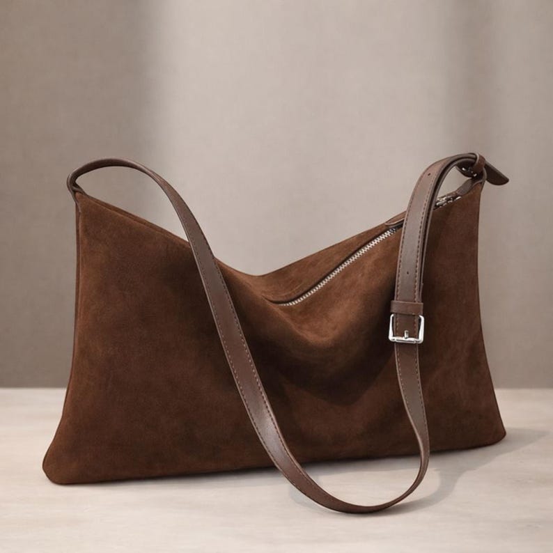 May include: A brown suede shoulder bag with a long, adjustable strap and a silver zipper. The bag has a rectangular shape with a curved top and a buckle closure on the strap. The bag is made of a soft, textured material.