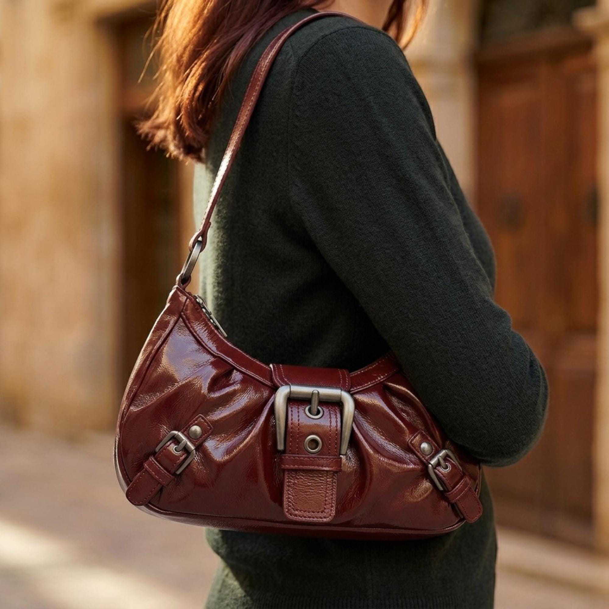 Vintage Y2K Brown Shoulder Bag for Women, Faux Leather Baguette 