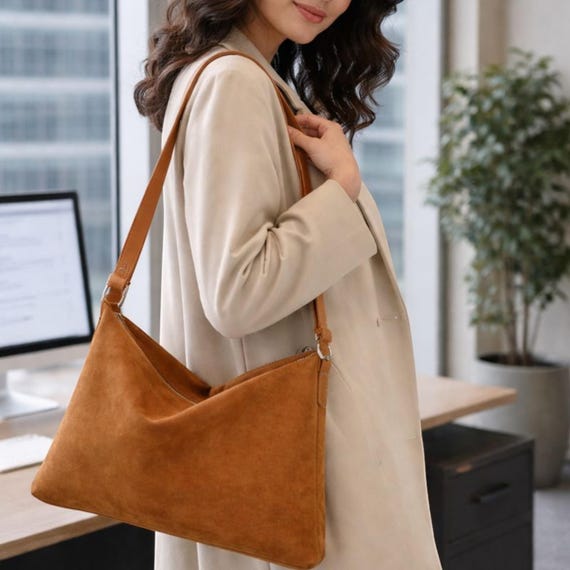 Soft Suede Finish Crossbody Bag, Minimalist Slouchy Hobo Purse, Everyday Tote Women