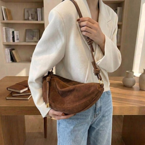Chocolate Brown Suede Crescent Shoulder Bag, Women’s Crossbody Bag, Half Moon Hobo Bag, Minimalist Everyday Purse, Chic Versatile Handbag