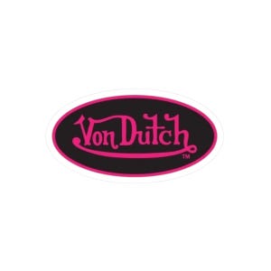 May include: An oval sticker with the text "Von Dutch" in a cursive font. The text is hot pink and set against a black background. The background is framed by a hot pink border and a white border.