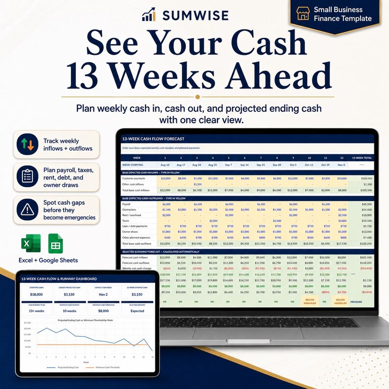 May include: A digital finance template for small businesses titled See Your Cash 13 Weeks Ahead. It displays a 13-week cash flow forecast spreadsheet on a laptop and a dashboard on a tablet, featuring Excel and Google Sheets compatibility icons.