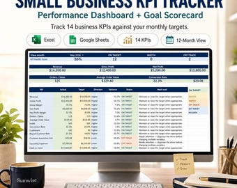 Small Business KPI Tracker Spreadsheet, Performance Dashboard & Goal Scorecard (Excel, Google Sheets)