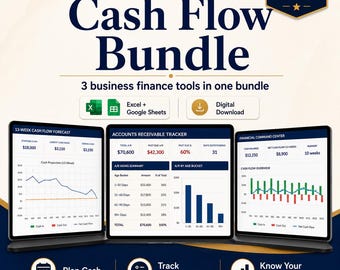 Small Business Cash Flow Bundle, Forecast, A/R Tracker & Finance Dashboard (Excel, Google Sheets)