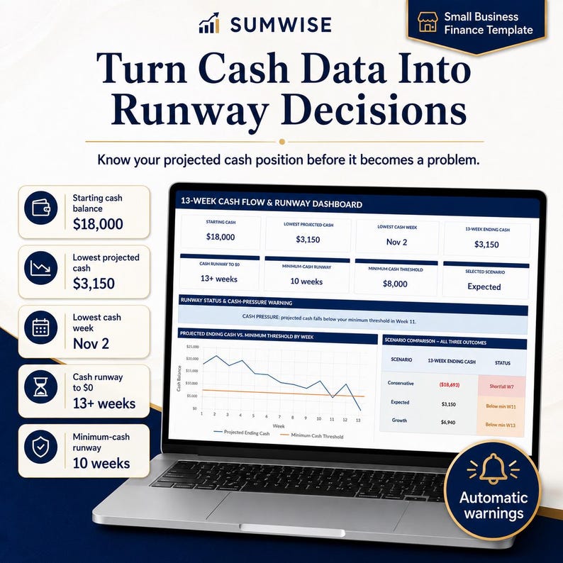 May include: A laptop displaying a 13-week cash flow and runway dashboard with financial data, charts, and tables. The screen shows metrics like starting cash, projected cash, and runway status. The branding includes Sumwise and Small Business Finance Template.