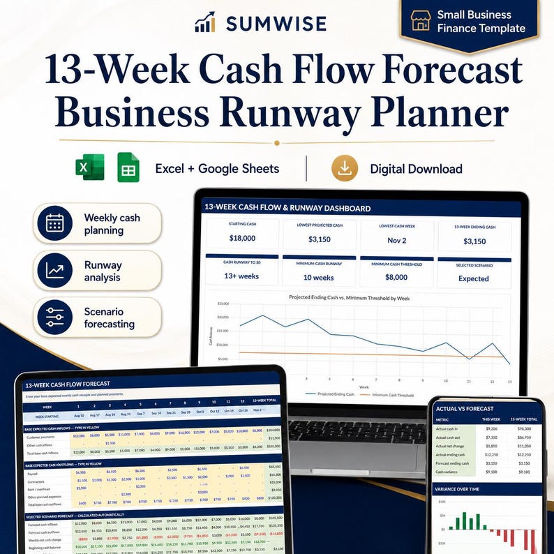 May include: A 13-week cash flow forecast business runway planner digital template for Excel and Google Sheets by Sumwise. The display features a dashboard with financial metrics, a weekly cash flow spreadsheet, and an actual versus forecast chart.