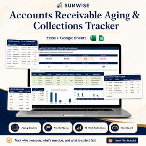 Può includere: Un tracker digitale per la gestione dei crediti e delle riscossioni per Excel e Google Sheets visualizzato su uno schermo di un portatile. La dashboard include tabelle dati, grafici e metriche per monitorare fatture e priorità.