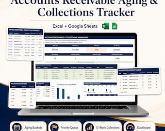 Accounts Receivable Aging Spreadsheet, Invoice Tracker, Collections Dashboard, Excel Google Sheets, Small Business Template