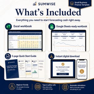 May include: A digital small business finance template by Sumwise featuring an Excel workbook, a Google Sheets-ready workbook, a 5-page quick start guide, and an instant digital download. The layout includes dashboard previews, icons, and text.