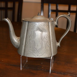 Victorian Britannia Metal Teapot | Antique English Tea Pot c. 1850–1890 | Engraved Pewter‑Style Tea Kettle Decor