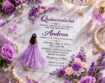 Quinceañera Acrylic Invitation, Purple Floral Sweet 15 Party Invite, Transparent Acrylic Card