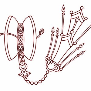 Puede incluir: Un dibujo lineal detallado de dos objetos ornamentados y estilizados conectados por una cadena. Un objeto se asemeja a un libro con patrones intrincados, mientras que el otro es una forma de abanico con elementos decorativos. La obra de arte está en tonos marrones.