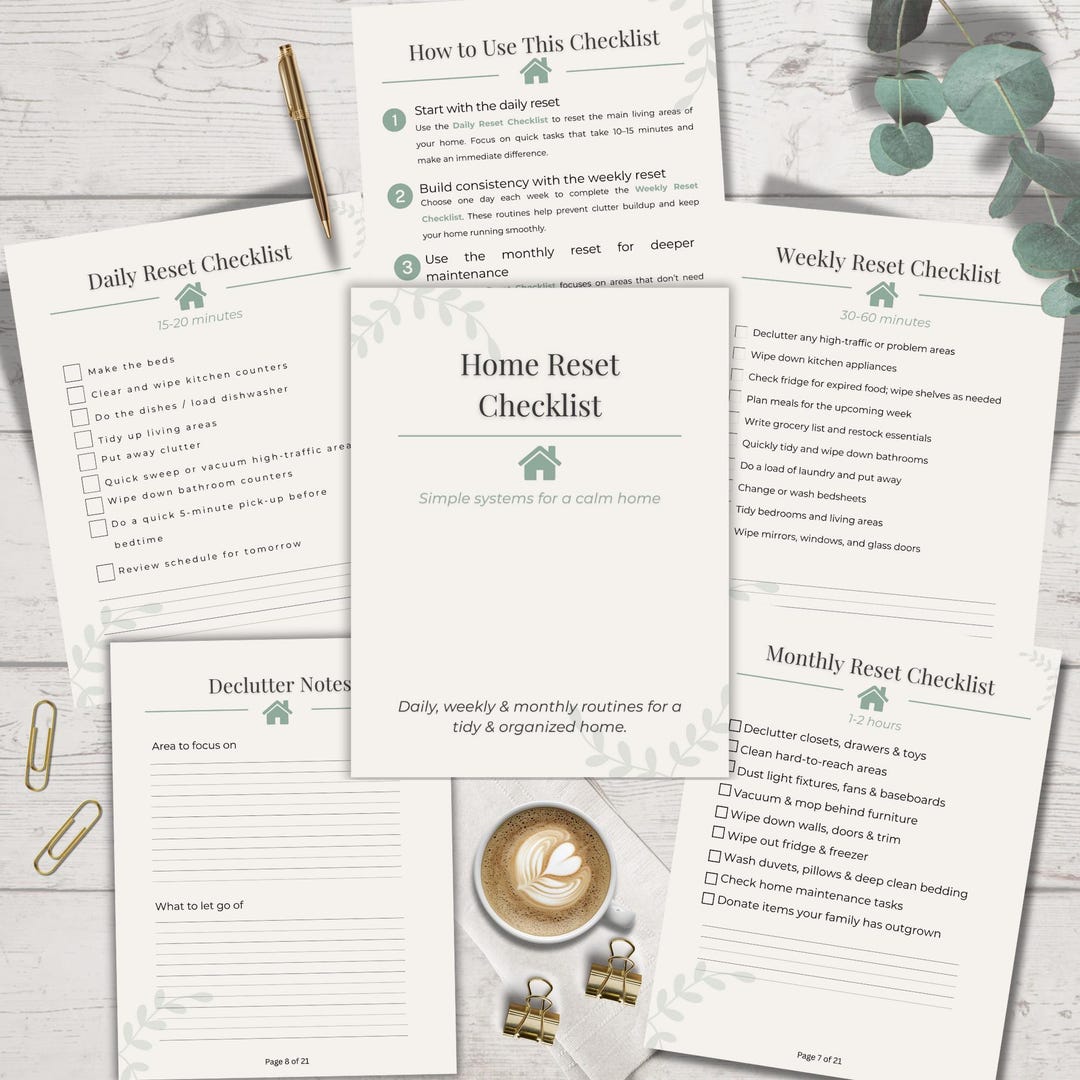 Home Reset Checklist Printable | Daily, Weekly, Monthly Reset Planner ...