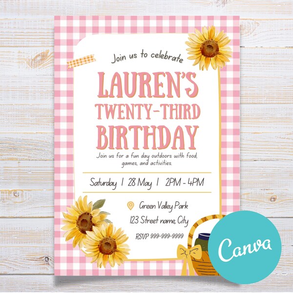 Invito per festa di compleanno a tema girasole, motivo a quadri rosa e giallo, modello Canva (download digitale)