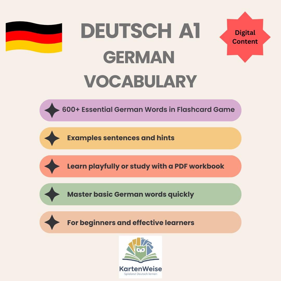 German A1 Vocabulary Flashcard Game | 600+ Words, English Translation ...