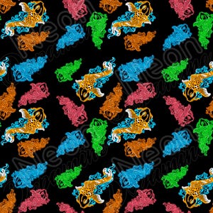 Puede incluir: Un patrón repetido de peces koi coloridos sobre un fondo negro. Los peces están delineados en colores neón, incluyendo naranja, rosa, azul y verde. El diseño tiene un ambiente moderno y artístico.