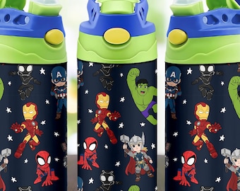May include: A navy blue water bottle featuring a repeating pattern of cartoon superheroes including Spider-Man, Iron Man, Hulk, Thor, Captain America, and Black Panther against a background of white stars. The bottle has a lime green lid and blue handle.