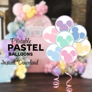 Balões Mickey em tons pastel para imprimir, adereço para chá de bebê, Mickey e seus amigos, decoração para festa de aniversário, arquivo digital
