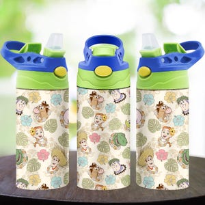 May include: A cylindrical water bottle featuring a repeating pattern of Toy Story characters including Woody, Buzz Lightyear, Jessie, Bullseye, and Rex, interspersed with tropical hibiscus flowers and palm leaves on a cream background.