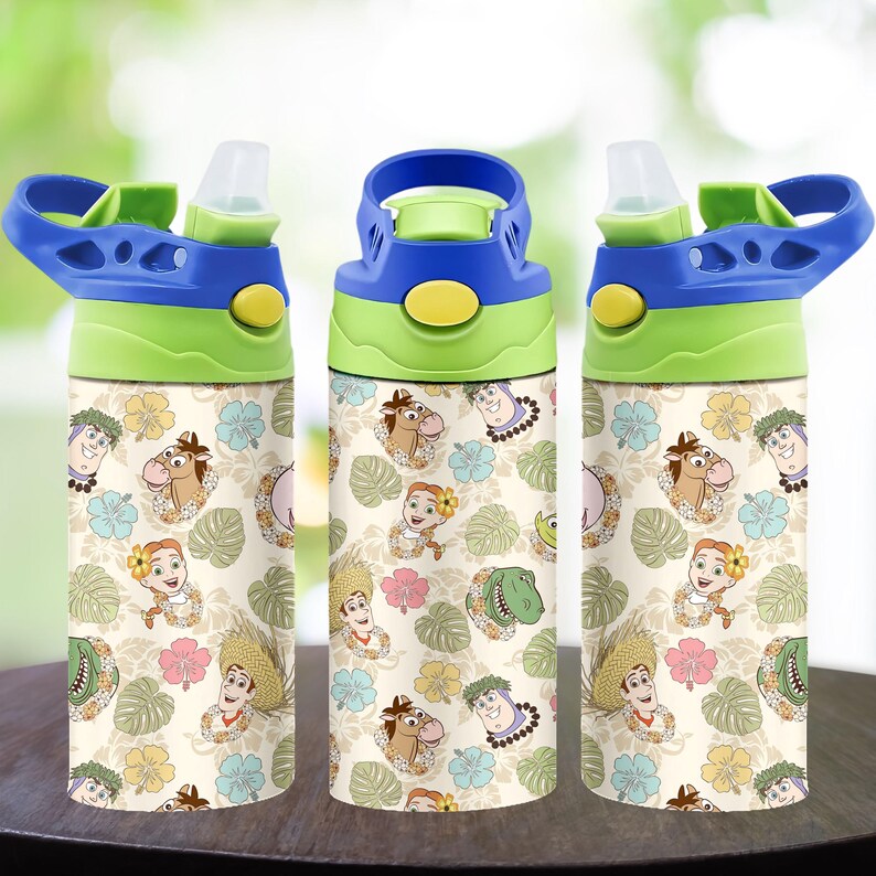 May include: A cylindrical water bottle featuring a repeating pattern of Toy Story characters including Woody, Buzz Lightyear, Jessie, Bullseye, and Rex, interspersed with tropical hibiscus flowers and palm leaves on a cream background.