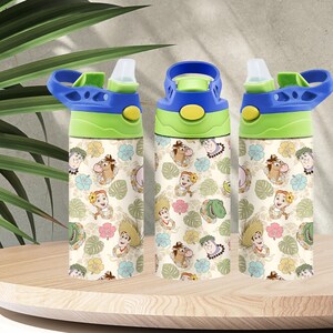 May include: Three cylindrical water bottles featuring a repeating pattern of cartoon characters and tropical foliage. The bottles have a cream background with light blue, pink, and yellow hibiscus flowers, green monstera leaves, and character faces.