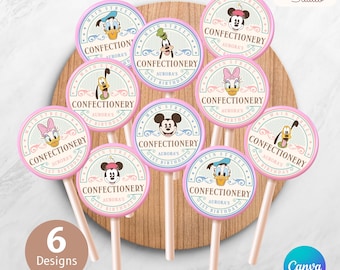 Etiqueta editable de caramelos de Mickey y Minnie, Confitería Main Street, Piruleta de Mickey, Baby Shower de Minnie, Cumpleaños en Disneyland, Archivo digital
