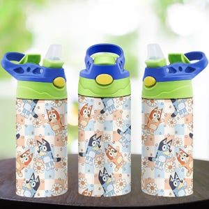 May include: Three water bottles with blue, green, and yellow lids. The bottles feature a repeating pattern of cartoon dogs, daisies, and stars on a checkered background. The bottles are designed for kids.