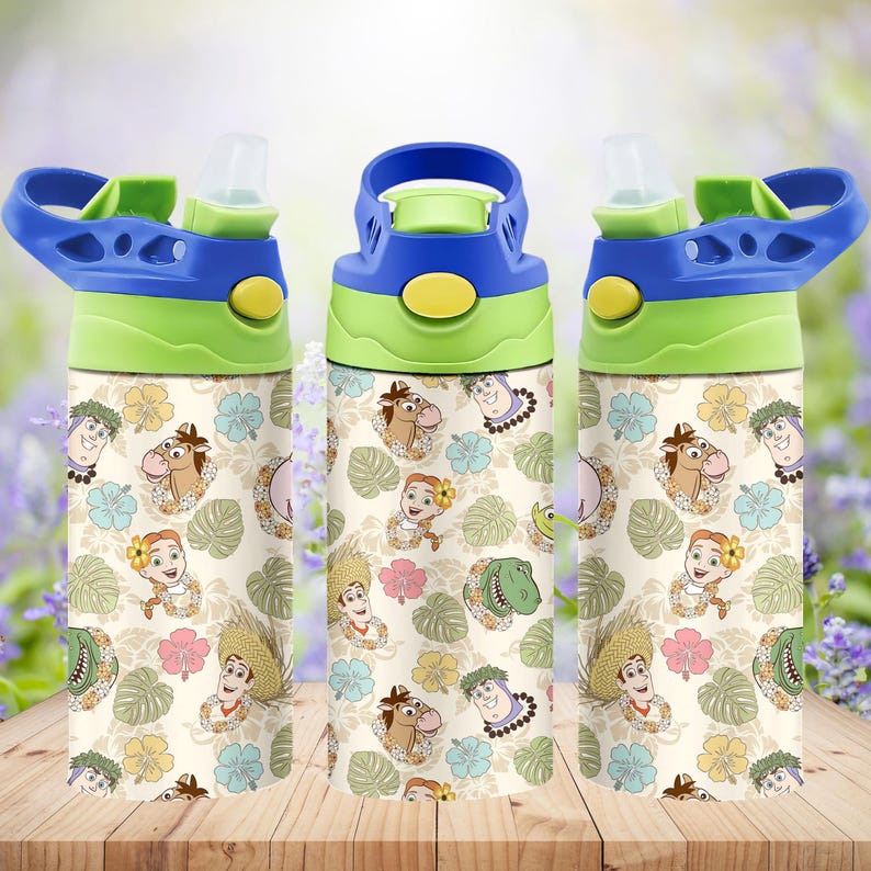 May include: Three reusable water bottles featuring a cream-colored background with a repeating pattern of Toy Story characters wearing tropical attire, interspersed with hibiscus flowers and monstera leaves. Each bottle has a blue and lime green lid.