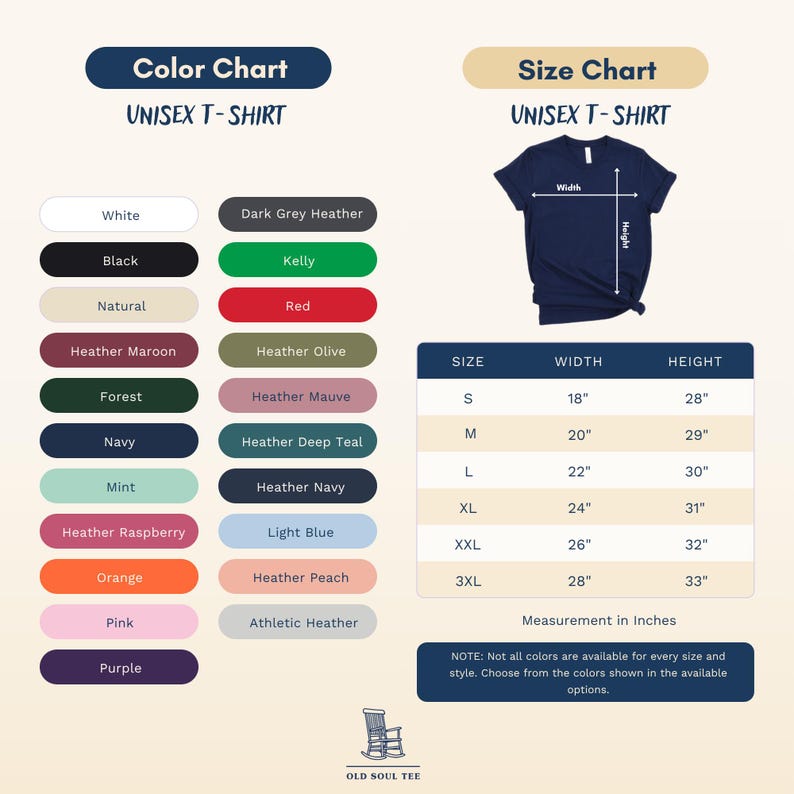 May include: A color and size chart for a unisex t-shirt. The color chart lists options including white, black, navy, and various heather shades. The size chart displays a navy t-shirt with width and height arrows and a table with measurements in inches.