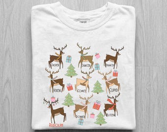 Santas Reindeer Names Shirt, Dasher Dancer Prancer Vixen Comet Cupid Donner Blitzen Rudolph Tee, Comfort Colors Christmas Reindeer Tee