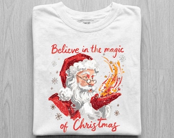 Believe In The Magic Of Christmas Vintage Santa Shirt, Retro Santa Sparkle Tee, Nostalgic Christmas Shirt, Comfort Colors Jolly Santa Tee