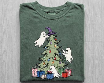 Spooky Christmas Ghost Shirt, Ghosts Decorating Christmas Tree Tee, Creepmas Halloween Christmas Shirt, Comfort Colors Goth Xmas Tee