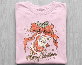 Merry Christmas Vintage Santa Shirt, Santa Swinging On Red Bow Tee, Retro Gold Glitter Christmas Shirt, Comfort Colors Santa Claus Tee