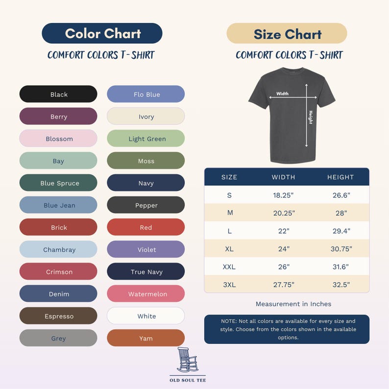 May include: A Comfort Colors t-shirt color and size chart featuring a list of color names including Black, Berry, Blossom, Bay, Blue Spruce, Blue Jean, Brick, Chambray, Crimson, Denim, Espresso, Grey, Flo Blue, Ivory, Light Green, Moss, Navy, Pepper, Red, Violet, True Navy, Watermelon, White, and Yam. A diagram shows a t-shirt with width and height labels, alongside a table listing sizes S through 3XL with corresponding measurements in inches.