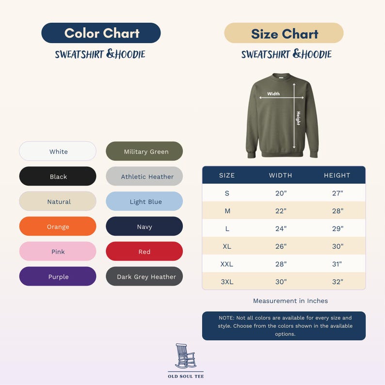 May include: A color and size chart for sweatshirts and hoodies. The color chart lists white, black, natural, orange, pink, purple, military green, athletic heather, light blue, navy, red, and dark grey heather. A table provides width and height in inches.