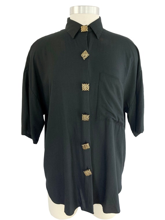 80s black square button blouse / made in usa - image 1